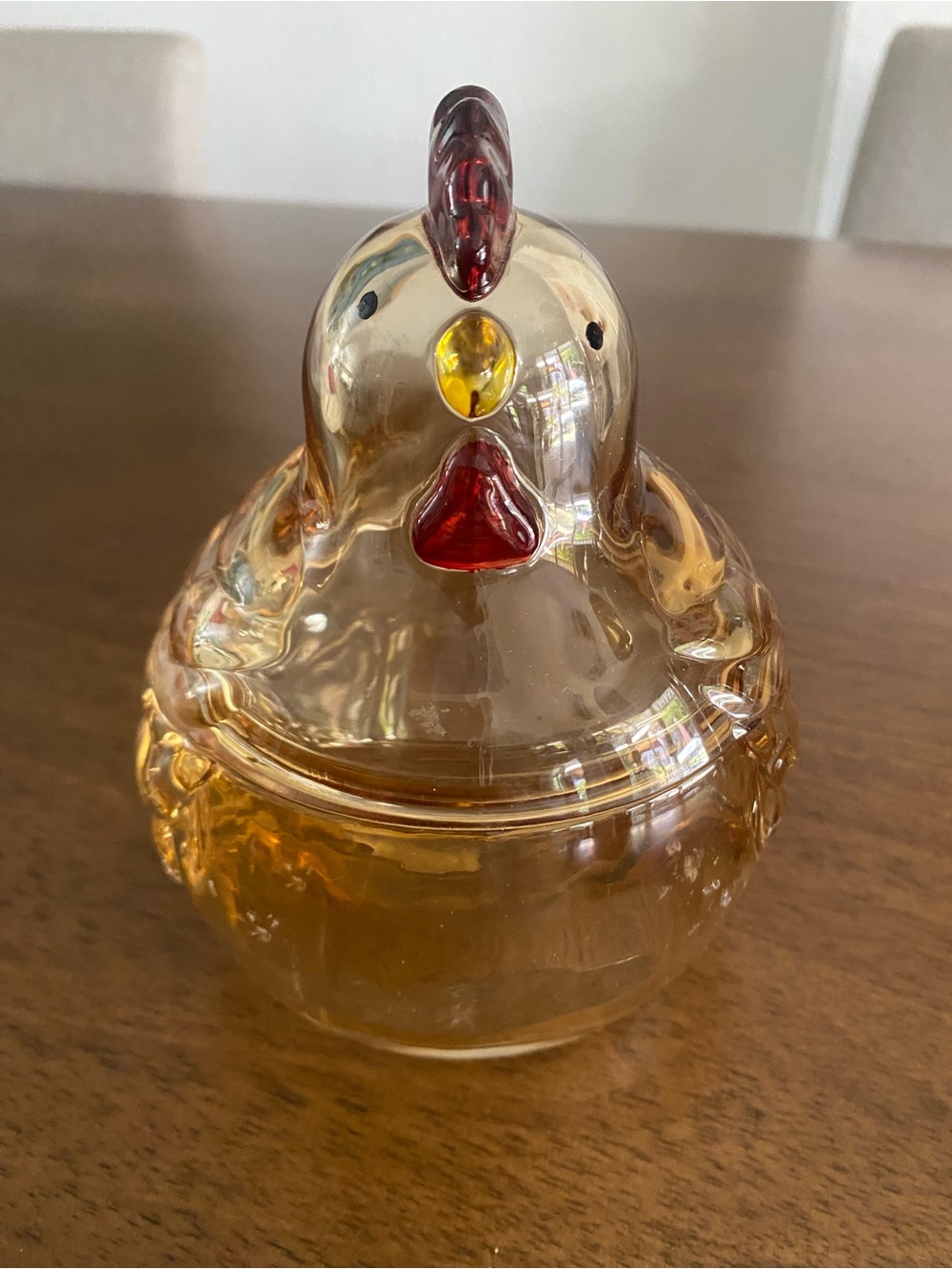 Glass Hen Candy Dish - Amber with Red & Yellow Accents
